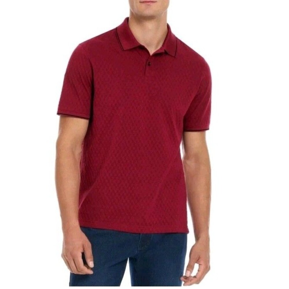 Ted Baker Men's Burgundy Short Sleeve Textured Polo Shirt Large 100% cotton